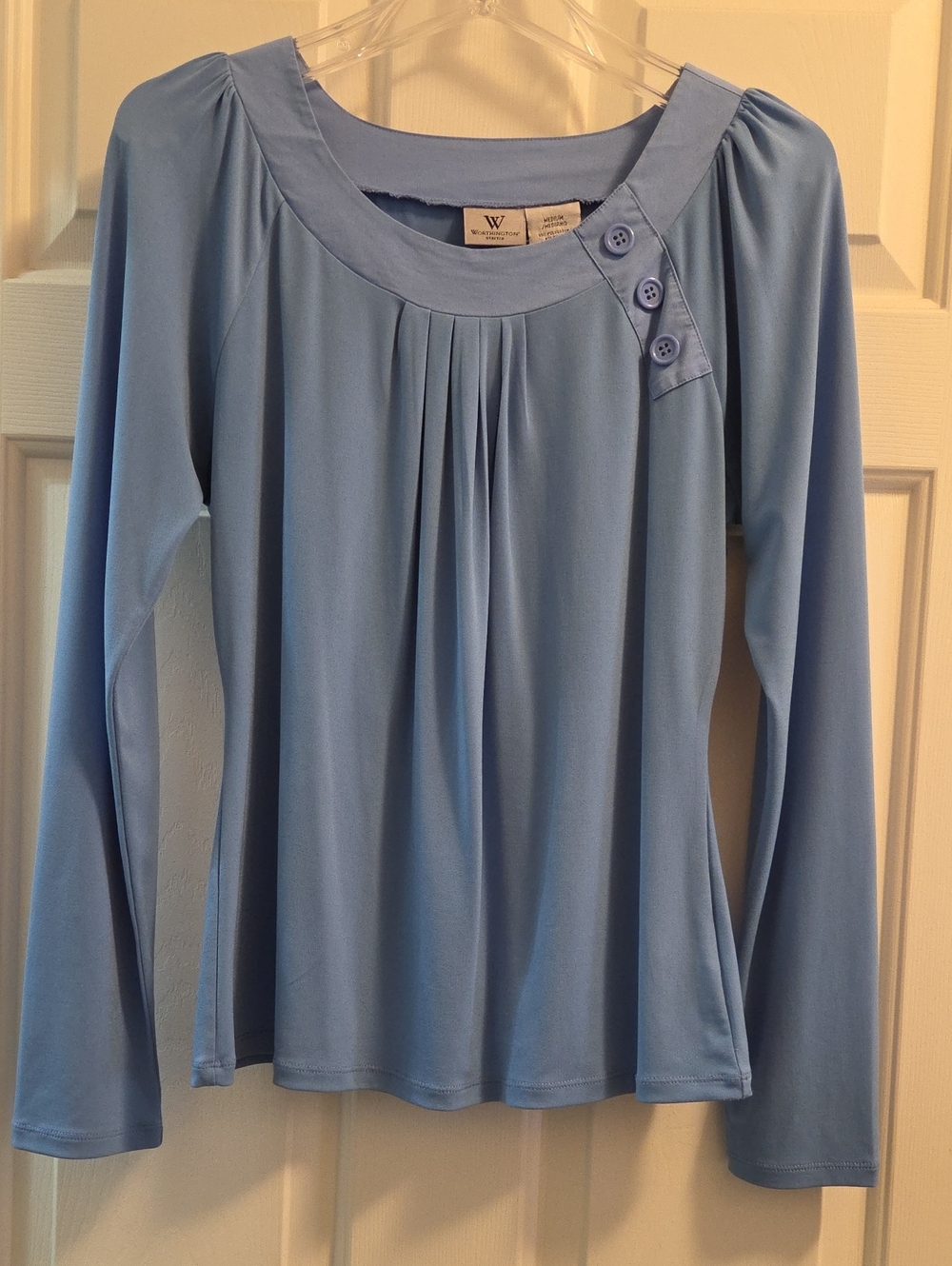 Blue Long-Sleeve Pleated Neck Blouse